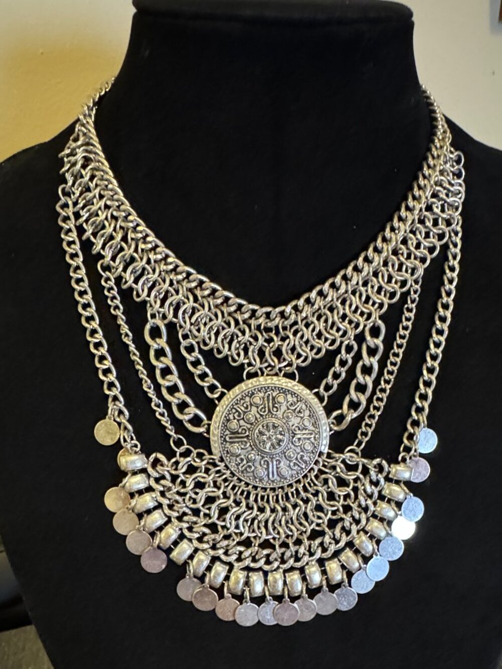 Boho Layered Statement Necklace – Silver Tone Coin & Chain Bib Necklace – Adjust